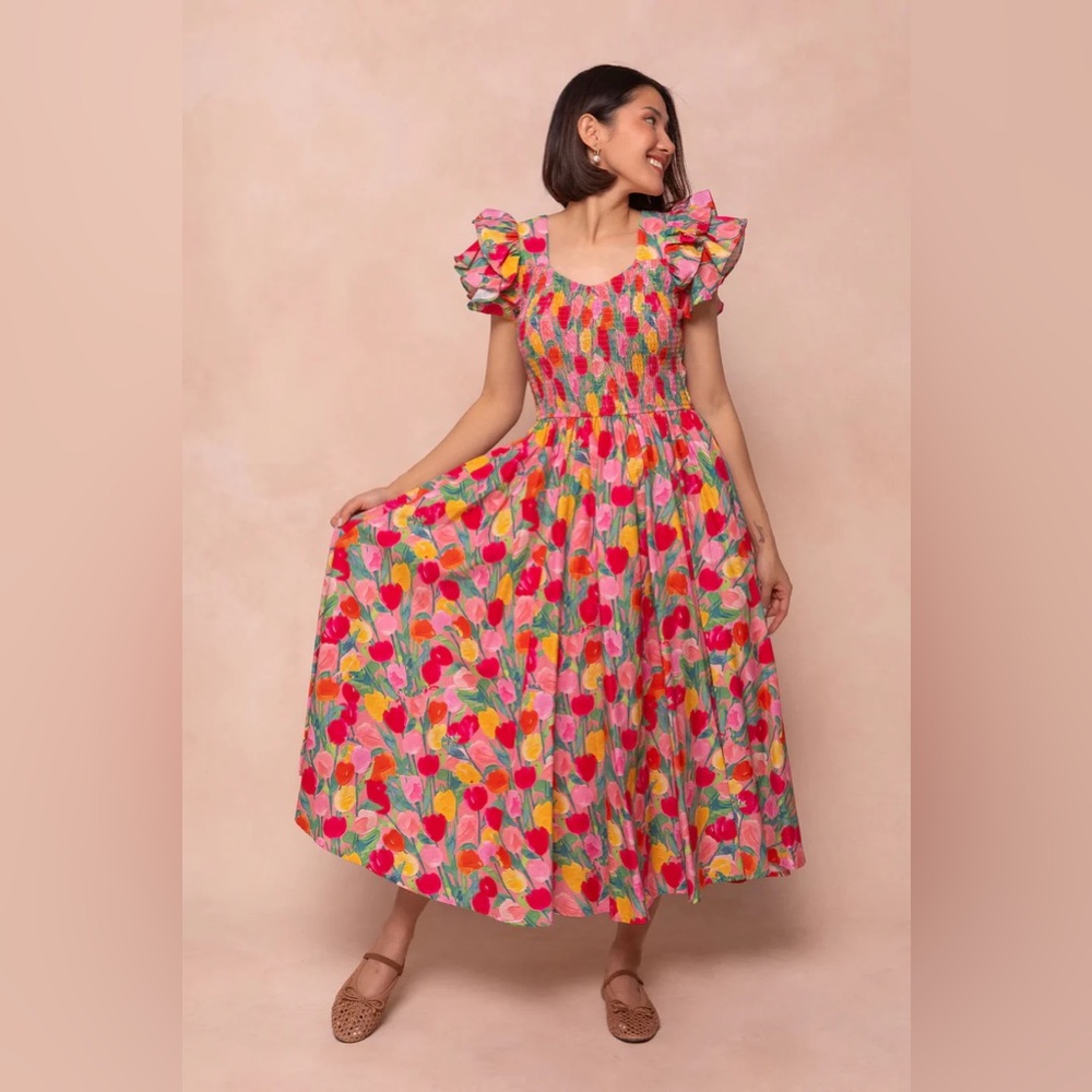 Ivy City Co Hattie Tulip Floral Print Smocked Flutter Sleeve Midi Dress